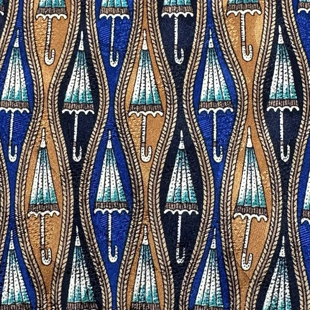 Vintage Mara Collection Tie 100% Silk Umbrella Print Gold Blue Countess‎ Mara